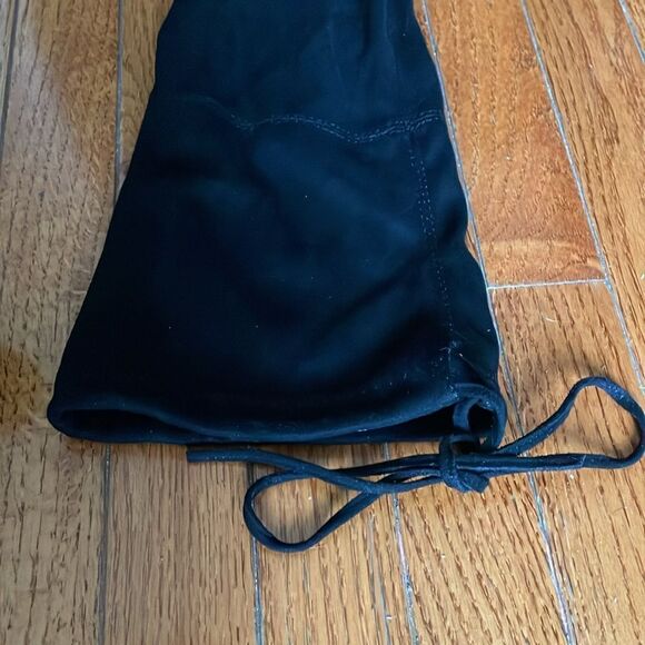 High heel Knee high solid black soft suede boots tie up autumn party block heels - Picture 7 of 13